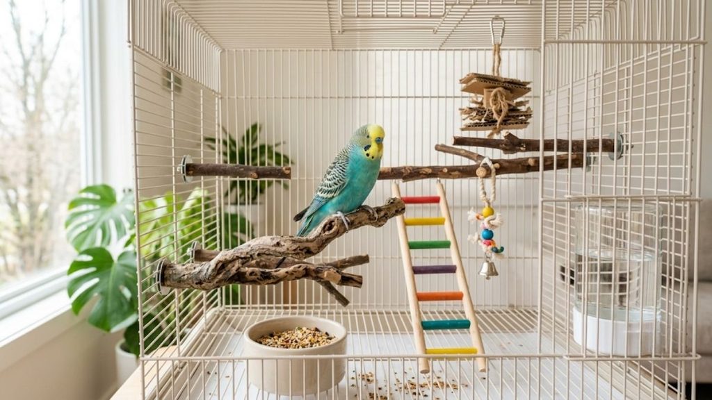 Parakeet in a spacious cage with natural perches and toys