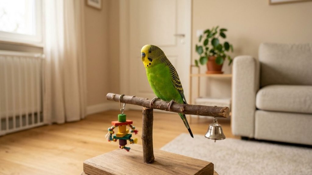 Parakeet enjoying supervised exercise outside its cage