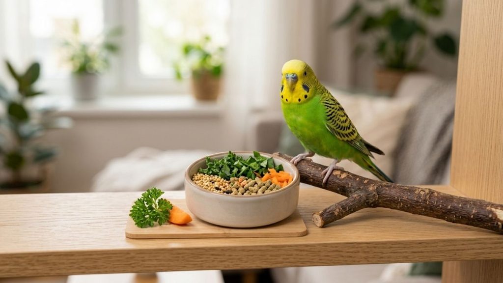 Parakeet beside healthy food including vegetables and bird pellets