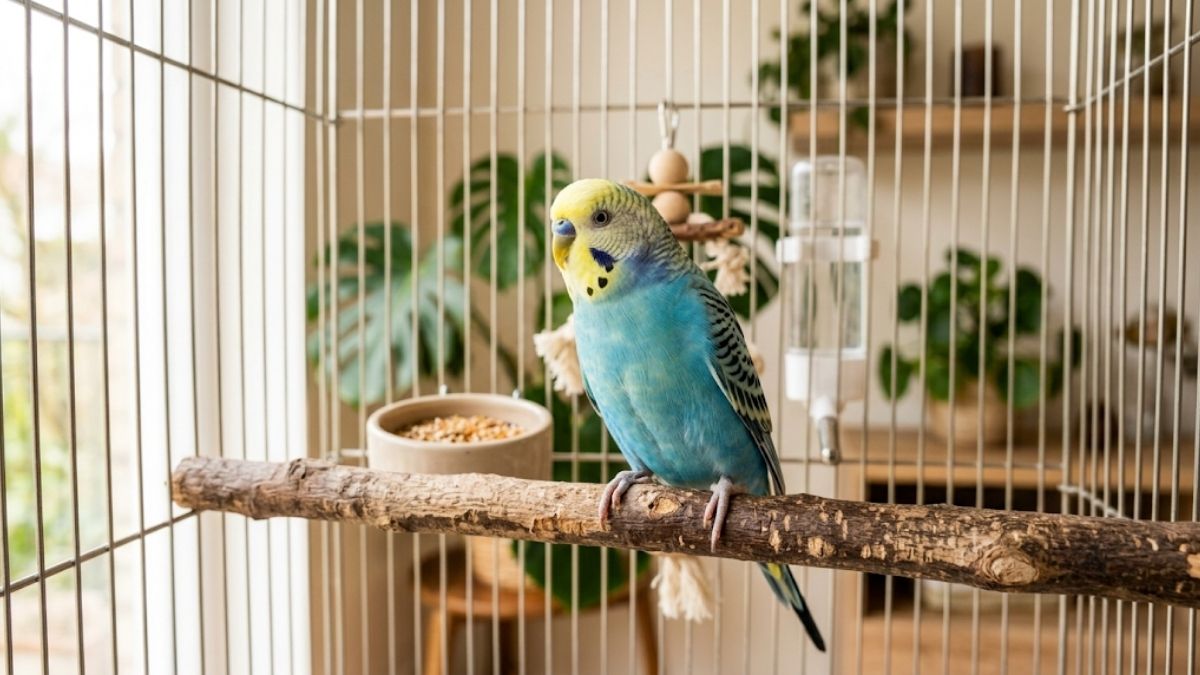 Healthy blue and yellow parakeet sitting on a wooden perch